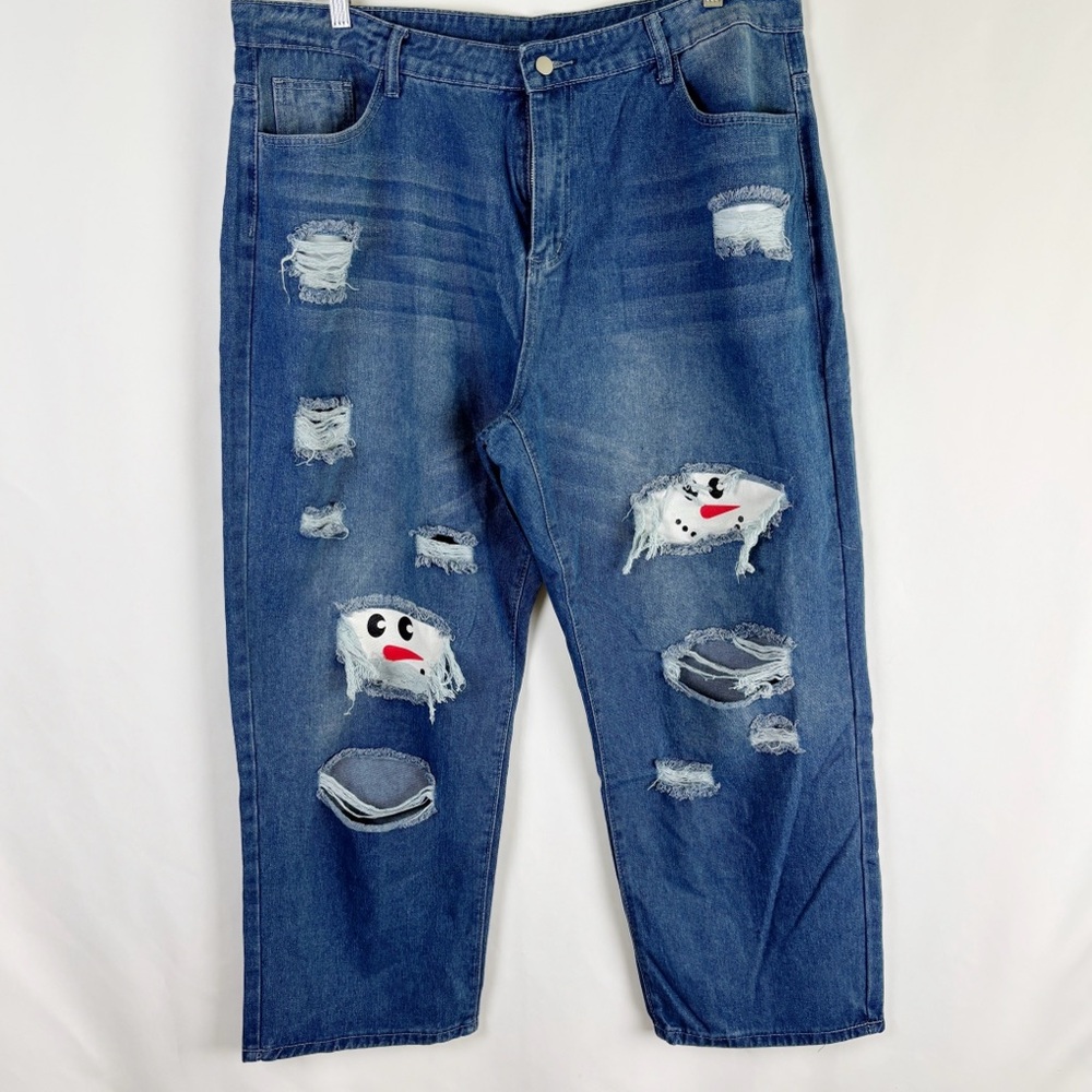 Distressed Zipper closure, 5-Pocket Jeans with Snowman detail - Size 3XL
